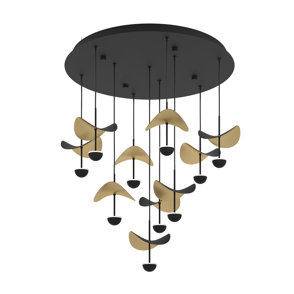 10 LT Integrated LED Cascade Ceiling Light w/ Black Finish & Black & Gold Leaf Shades