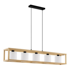 Eglo 390102A - 5 LT Linear Pendant w/ Natural Wood Open Frame & White Fabric Shades
